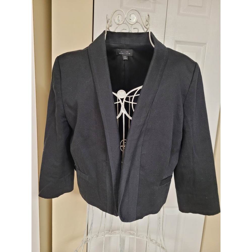 Tahari Y2K Womens Black Textured Cropped 3/4 Sleeve Chic Blazer Jacket Size 10
